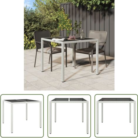 The Living Store Table de jardin 90x90x75cm Verre trempé et résine tressée Blanc - Table De Jardin - Table Extérieure - Mobilier De Jardin - Table En Résine Tressée - Table Blanche