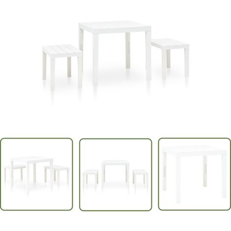 The Living Store Table de jardin avec 2 bancs Plastique Blanc - Salon De Jardin - Mobilier De Jardin - Table De Jardin - Chaises De Jardin - Ensemble De Jardin