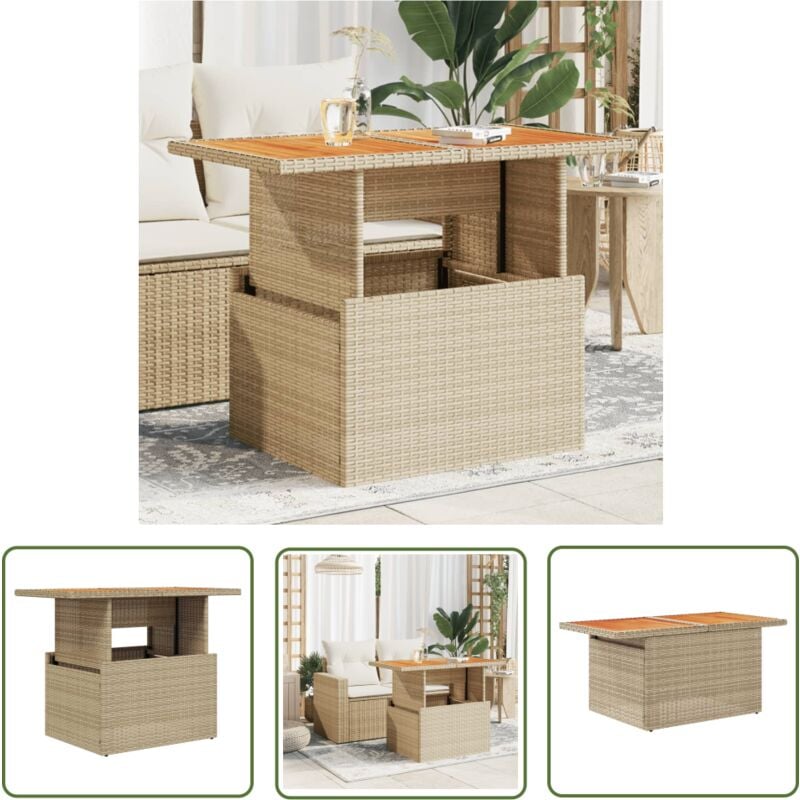 The Living Store - Table de jardin beige 100x55x73cm résine tressée et bois acacia - Table De Jardin - Table Extérieure - Mobilier De Jardin - Table