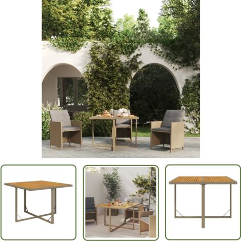 The Living Store Table de jardin Beige 109x107x74 cm Résine tressée bois massif - Table De Jardin - Table Extérieure - Mobilier De Jardin - Table En Résine Tressée - Table Acacia