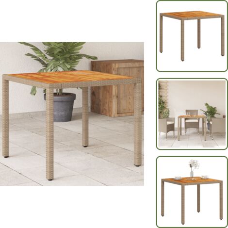 The Living Store Table de jardin beige 90x90x75 cm résine tressée et bois acacia - Table De Jardin - Table Extérieure - Mobilier De Jardin - Table En Résine Tressée - Table En Bois D'acacia