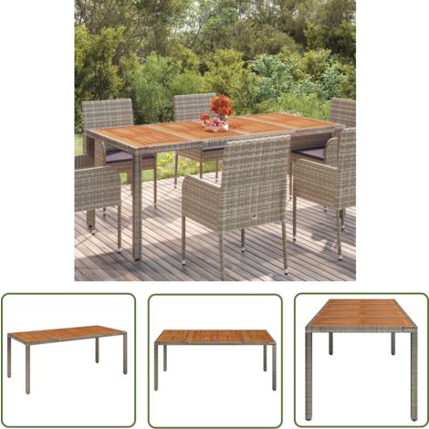 The Living Store Table de jardin dessus en bois Gris 190x90x75 cm Résine tressée - Table De Jardin - Table Extérieure - Meubles De Jardin - Table En Bois - Table Résistante Aux Intempéries