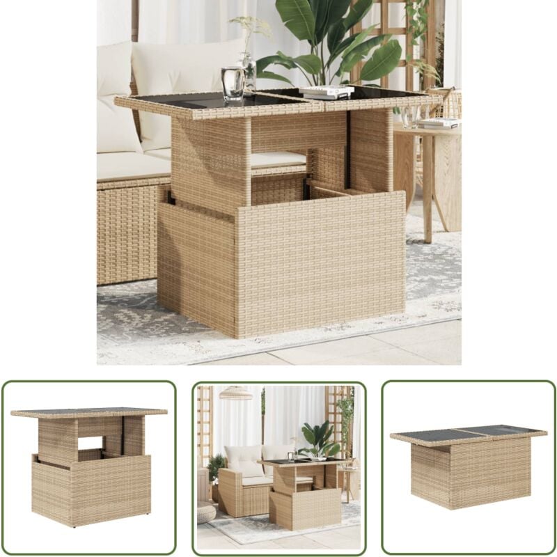 The Living Store - Table de jardin dessus en verre beige 100x55x73 cm poly rotin - Table De Jardin - Table Extérieure - Table Patio - Mobilier De