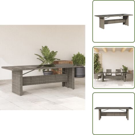 The Living Store Table de jardin dessus en verre Gris 240x90x75cm Résine tressée - Table De Jardin - Table Extérieure - Table Patio - Mobilier De Jardin - Table En Verre