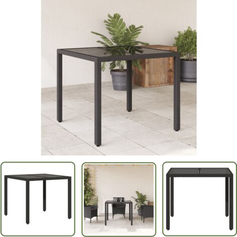 The Living Store Table de jardin dessus en verre Noir 90x90x75 cm Résine tressée - Table De Jardin - Table Extérieure - Mobilier De Jardin - Table En Verre - Table Résiner Tressée