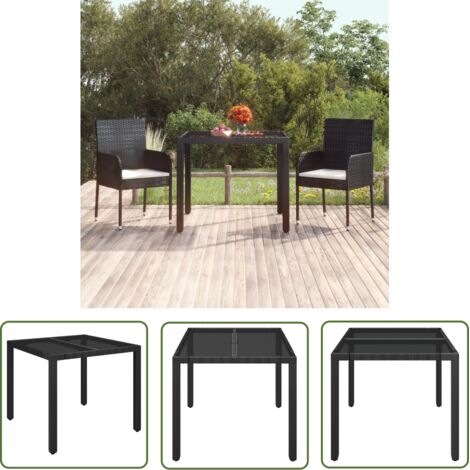 The Living Store Table de jardin dessus en verre Noir 90x90x75 cm Résine tressée - Table De Jardin - Table Extérieure - Table En Verre - Table Résin - Meubles De Jardin