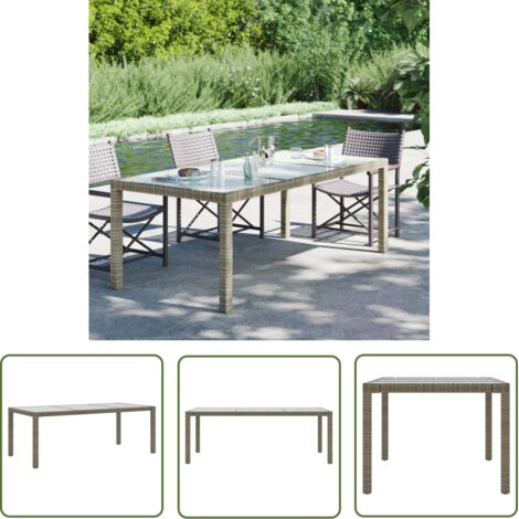 The Living Store Table de jardin Gris 190x90x75 cm Verre trempé/résine tressée - Table De Jardin - Table Extérieure - Mobilier De Jardin - Table En Résine Tressée - Table Ronde