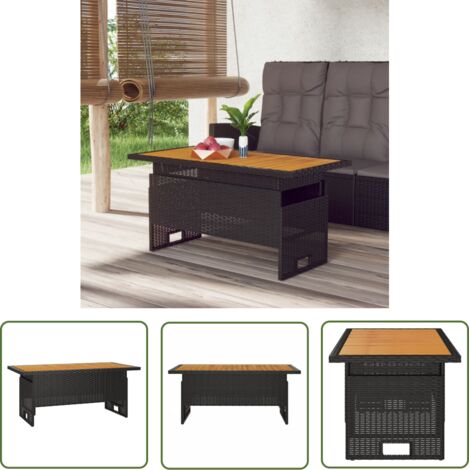 The Living Store Table de jardin noir 100x50x43/63 cm acacia et résine tressée - Table De Jardin - Table Extérieure - Table Patio - Table En Bois - Table Acacia