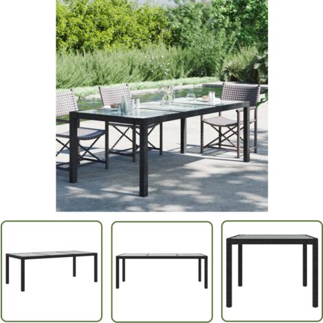The Living Store Table de jardin Noir 190x90x75 cm Verre trempé/résine tressée - Table De Jardin - Table Extérieure - Mobilier De Jardin - Table En Résine Tressée - Table Noire