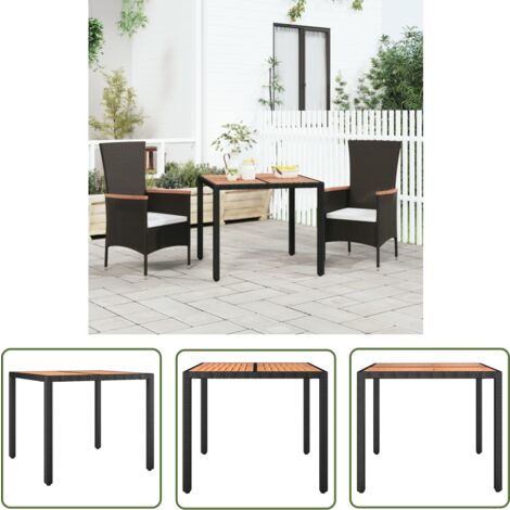 The Living Store Table de jardin plateau en bois Noir Résine tressée bois massif - Table De Jardin - Table Extérieure - Mobilier De Jardin - Table En Bois - Table Ronde