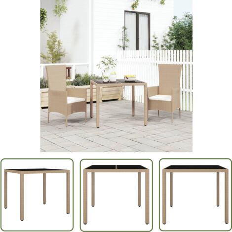 The Living Store Table de jardin plateau en verre Résine tressée verre trempé - Table De Jardin - Table Extérieure - Mobilier De Jardin - Table En Verre - Table Résistante Aux Intempéries