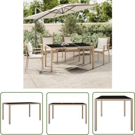 The Living Store Table de jardin plateau en verre Résine tressée verre trempé - Table De Jardin - Table Extérieure - Mobilier De Jardin - Table En Verre - Table Résistante Aux Intempéries