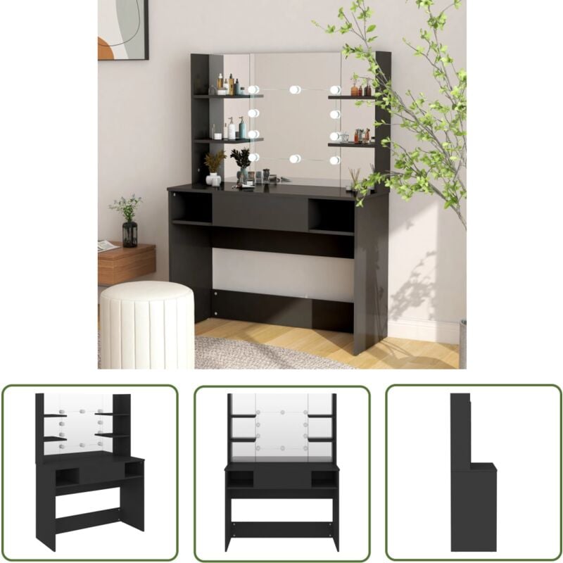 Devenirriche - The Living Store Table de maquillage avec éclairage led 100x40x135 cm mdf Noir - Coiffeuse - Table De Maquillage - Meuble De Salle De