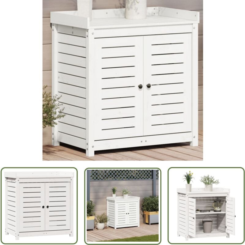 The Living Store - Table de rempotage avec étagères blanc bois massif de pin - Table De Rempotage - Meuble De Jardin - Support Plante - Étagère