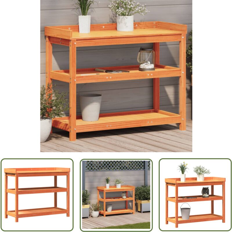 The Living Store - Table de rempotage avec étagères marron bois massif de pin - Table De Rempotage - Meuble De Jardin - Support Plante - Étagère