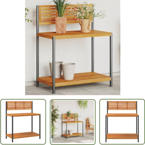 The Living Store Table de travail de jardin bois d'acacia solide et acier - Table De Jardin - Meuble De Jardin - Table De Travail Extérieur - Support Plante - Bac Jardinerie