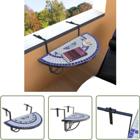 The Living Store Table suspendue de balcon Bleu et blanc Mosaïque - Table De Balcon - Table Suspendue - Mobilier De Jardin - Table Ronde - Table Extérieure