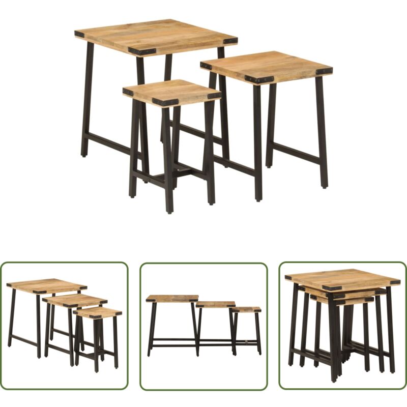 The Living Store - Tables basses gigognes 3 pcs bois massif de manguier et fer - Table Basse Gigogne - Table D'appoint - Ensemble De Tables