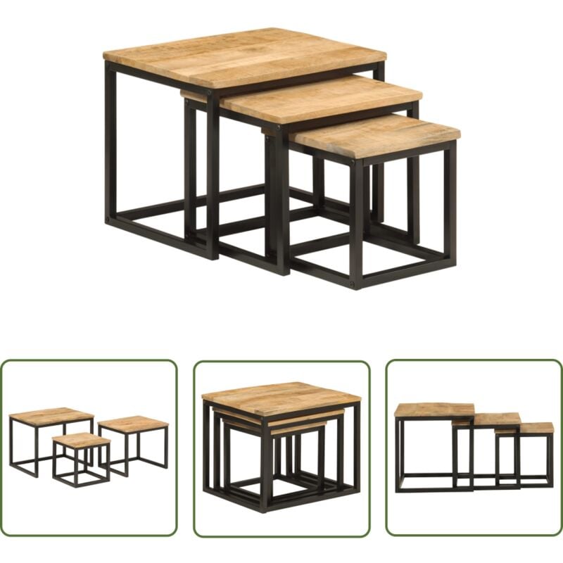 The Living Store - Tables basses gigognes 3 pcs bois massif de manguier et fer - Table Basse Gigogne - Table D'appoint - Mobilier Petit Espace