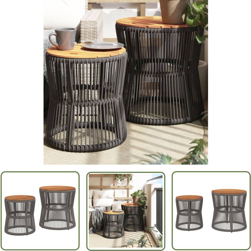 The Living Store Tables d'appoint de jardin 2 pcs dessus en bois gris poly rotin - Table D'appoint De Jardin - Table Extérieure - Mobilier De Jardin