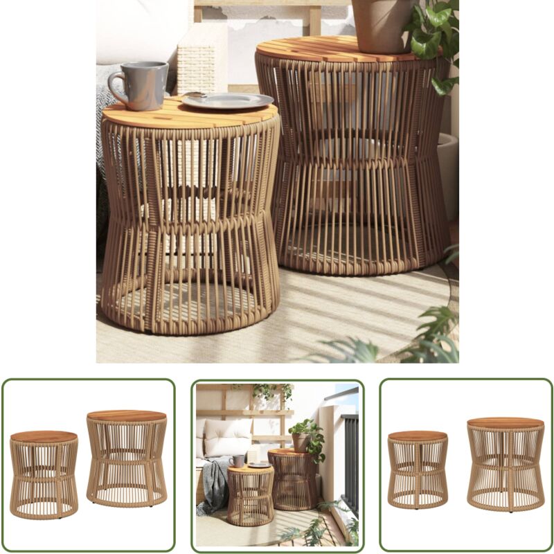 The Living Store - Tables d'appoint de jardin 2pcs dessus en bois beige poly rotin - Table D'appoint De Jardin - Mobilier De Jardin - Table