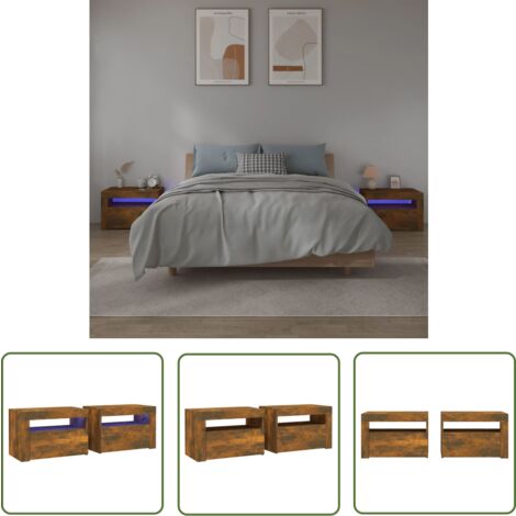 The Living Store Tables de chevet 2 pcs avec LED chêne fumé 60x35x40 cm - Table De Chevet - Meuble De Chambre - Luminaire Led - Éclairage Rgb - Commode