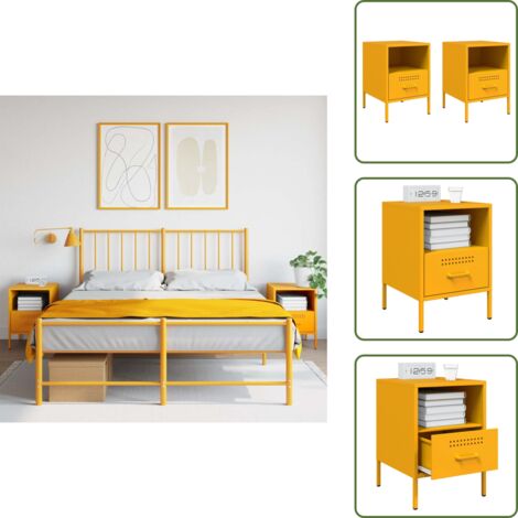 The Living Store Tables de chevet 2 pcs jaune moutarde 36x39x50,5 cm acier - Table De Chevet Industrielle - Meuble De Chambre - Table Nuit - Commode - Rangement