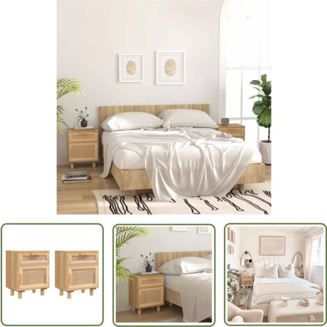 The Living Store Tables de chevet 2 pcs Marron Bois pin massif et rotin naturel - Table De Chevet - Meuble De Chambre - Mobilier Scandinave - Commode - Armoire D'appoint