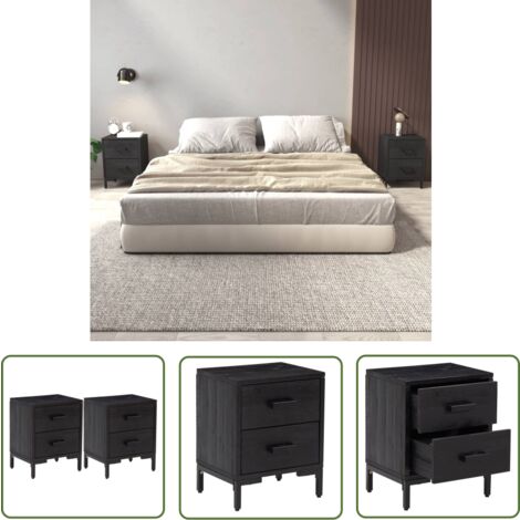 The Living Store Tables de chevet 2 pcs Noir 36x30x45 cm Bois de pin massif - Table De Chevet - Meuble De Chambre - Table Nuit - Design Vintage - Bois Massif