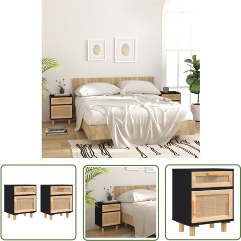 The Living Store Tables de chevet 2 pcs Noir Bois de pin massif et rotin naturel - Table De Chevet - Meuble De Chambre - Mobilier Scandinave - Commode - Armoire D'appoint