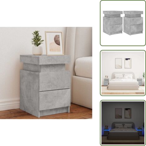 The Living Store Tables de chevet avec lumières LED 2 pcs gris béton 35x39x55 cm - Table De Chevet Moderne - Meuble De Chambre - Éclairage Led - Lampe De Chevet - Rangement Intérieur