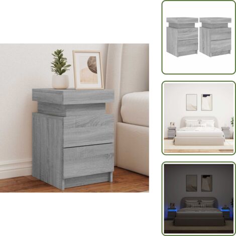 The Living Store Tables de chevet avec lumières LED 2 pcs sonoma gris 35x39x55cm - Table De Chevet Moderne - Luminaire Led - Meuble Chambre - Rangement Tiroir - Décoration Intérieur