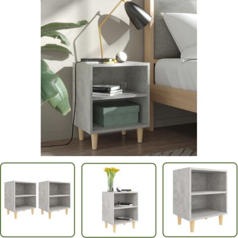 The Living Store Tables de chevet avec pieds en bois 2 pcs Gris béton 40x30x50cm - Table De Chevet - Meuble De Chambre - Table Latérale - Design Scandinave - Table Avec Étagère
