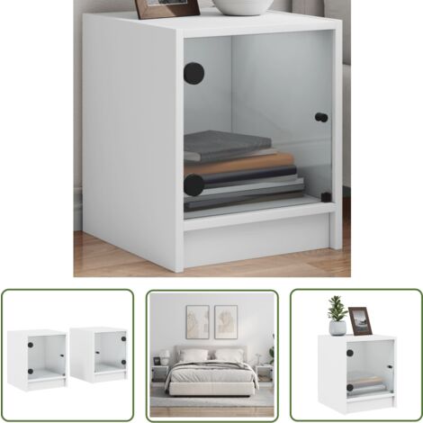 The Living Store Tables de chevet avec portes en verre 2 pcs blanc 35x37x42 cm - Table De Chevet - Meubles De Chambre - Commode - Buffet - Rangement Intérieur