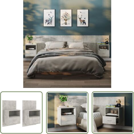 The Living Store Tables de chevet murales 2 pcs Gris béton - Table De Chevet Murale - Meuble De Chambre - Armoire De Chevet - Étagère Murale - Rangement Mural