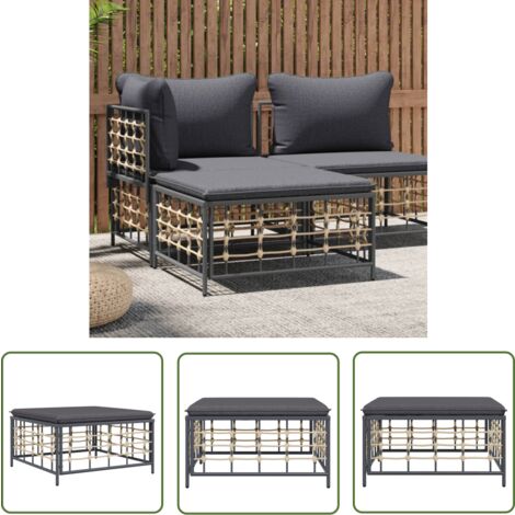 The Living Store Tabouret de jardin avec coussin gris foncé résine tressée - Chaise De Jardin - Fauteuil De Jardin - Mobilier De Jardin - Pouf Extérieur - Set De Jardin