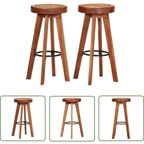 The Living Store Tabourets de bar 2 pcs Cuir véritable et bois d'acacia solide - Tabouret De Bar - Tabouret De Comptoir - Chaise De Bar - Mobilier Retro - Meubles Design