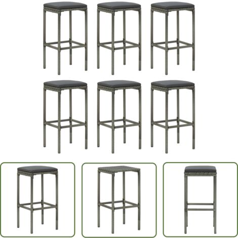 The Living Store Tabourets de bar avec coussins lot de 6 gris résine tressée - Tabouret De Bar - Tabourets De Bar - Chaise De Bar - Chaises De Bar - Résine Tressée