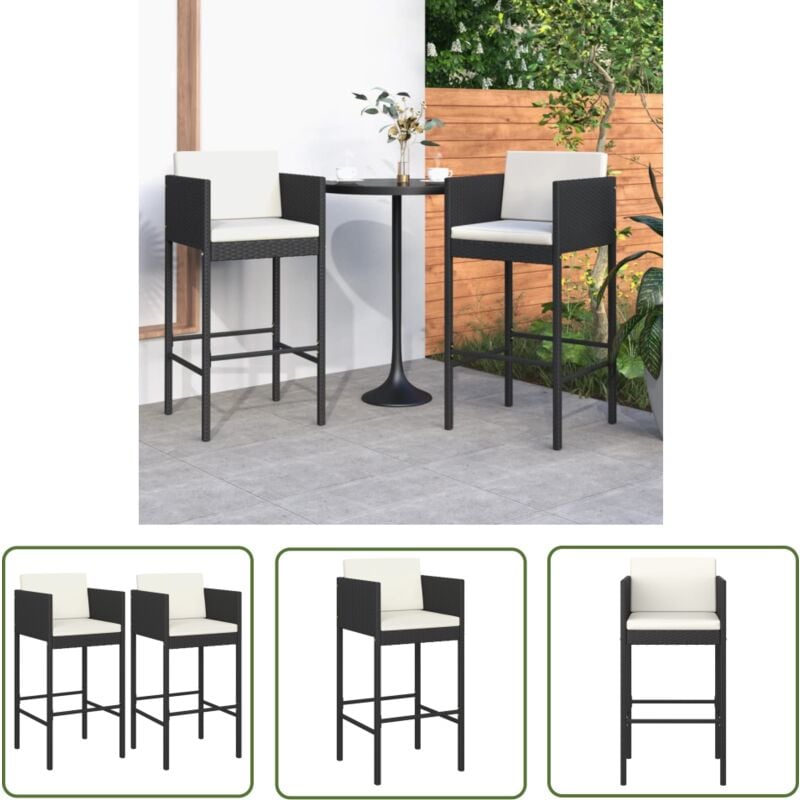 The Living Store - Tabourets de bar lot de 2 avec coussins noir résine tressée - Tabouret De Bar - Chaises De Jardin - Mobilier De Jardin - Résine