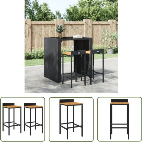 The Living Store Tabourets de bar lot de 2 noir résine tressée et bois d'acacia - Tabouret De Bar - Tabouret De Comptoir - Chaise De Bar - Mobilier De Jardin - Meubles D'extérieur