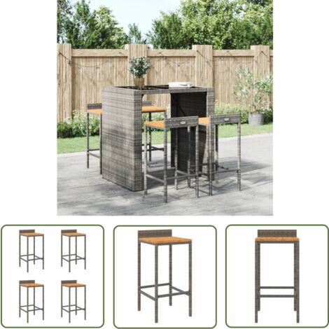 The Living Store Tabourets de bar lot de 4 gris résine tressée et bois d'acacia - Tabouret De Bar - Tabouret De Comptoir - Chaise De Bar - Mobilier De Jardin - Meubles D'extérieur