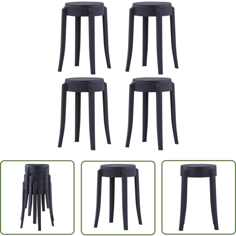 The Living Store - Tabourets empilables lot de 4 noir plastique - Tabouret De Bar - Tabouret Pliable - Tabouret Empilable - Mobilier Extérieur