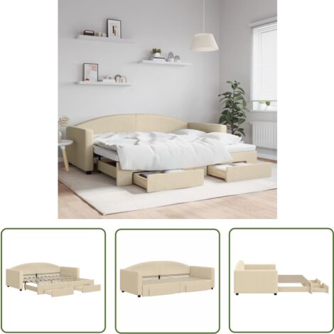 The Living Store Tagesbett Ausziehbar mit Schubladen Creme 90x200 cm Stoff - Sofa Bett - Gästebett - Schlafsofa - Doppelbett - Tagesbett