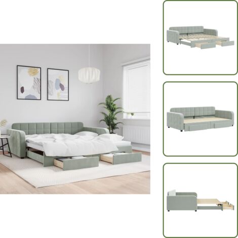 The Living Store Tagesbett Ausziehbar mit Schubladen Hellgrau 100x200 cm Samt - Schlafsofa