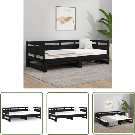 The Living Store Tagesbett Ausziehbar Schwarz Massivholz Kiefer 2x(90x190) cm - Tagesbett - Bettsofa - Schlafsofa - Gästebett - Kiefernholz Möbel