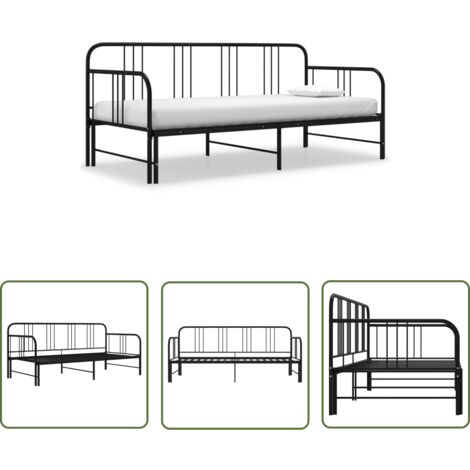 The Living Store Tagesbett Ausziehbar Schwarz Metall 90x200 cm - Tagesbett - Schlafsofa - Ausziehbett - Gästebett - Doppelbett
