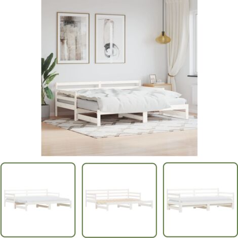 The Living Store Tagesbett Ausziehbar Weiß 90x200 cm Massivholz Kiefer - Schlafsofa - Tagesbett - Holzbett - Kiefernholzbett - Gästebett