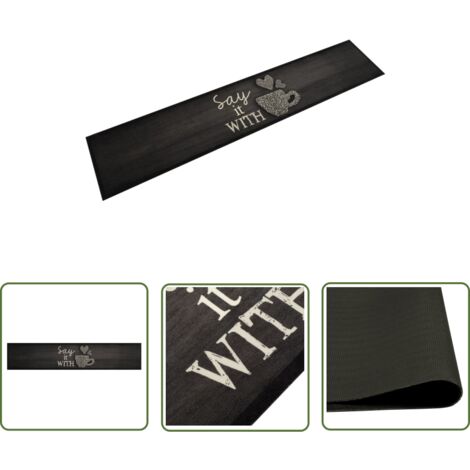 The Living Store Tapis de cuisine lavable imprimé tasse noir 60x300 cm velours - Tapis De Cuisine - Tapis Absorbant - Tapis Décoratif - Tapis Salle De Bain - Tapis Entrée