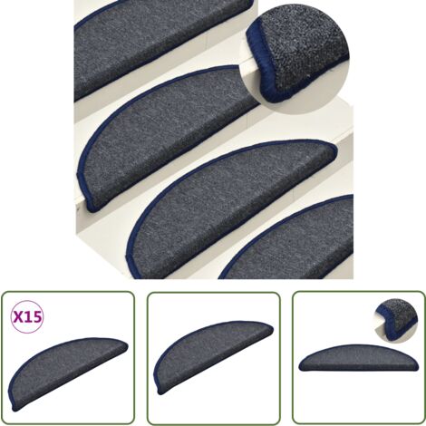 The Living Store Tapis de marches d'escalier 15 pcs Gris foncé et bleu 56x17x3cm - Tapis D'escalier - Protection Escalier - Tapis Marche - Antidérapant - Lavable
