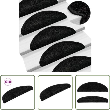 The Living Store Tapis d'escalier 10 pcs 56x17x3 cm Noir - Tapis D'escalier - Tapis Marche - Protection Escalier - Moquette Escalier - Tapis Antidérapant